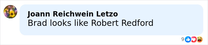 Comment stating Brad looks like Robert Redford in a social media post discussing Brad Pitt's appearance at Hollywood premiere.