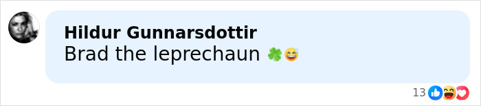 Comment referring to Brad Pitt&rsquo;s appearance, calling him Brad the leprechaun with clover and smiling emojis, sparking speculation about his look.