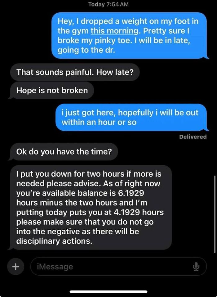 Text message exchange showing someone injured and discussing time off work, illustrating messy times people turned to the internet.
