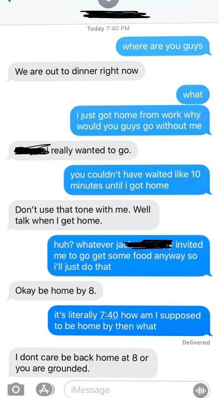 Text message argument showing a messy times conversation where someone questions being grounded, related to therapy.