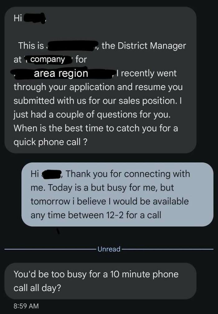 Text message exchange showing a frustrating conversation illustrating messy times people turn to the internet instead of therapy.