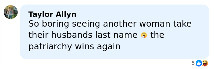 Comment by Taylor Allyn expressing frustration about women taking their husbands' last name, relevant to Ashley Tisdale name change topic.