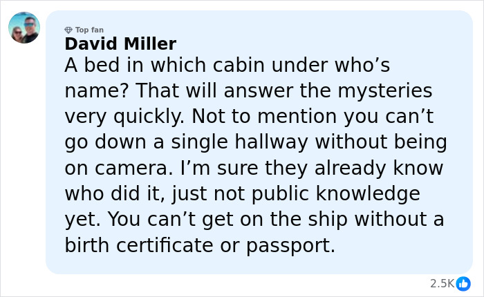 Comment discussing investigation into stepsibling after teen's body found stuffed under bed on Carnival Cruise ship.