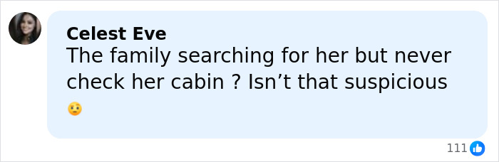 Comment from Celest Eve expressing suspicion about family not checking cabin during a search on a Carnival Cruise stepsibling investigation.