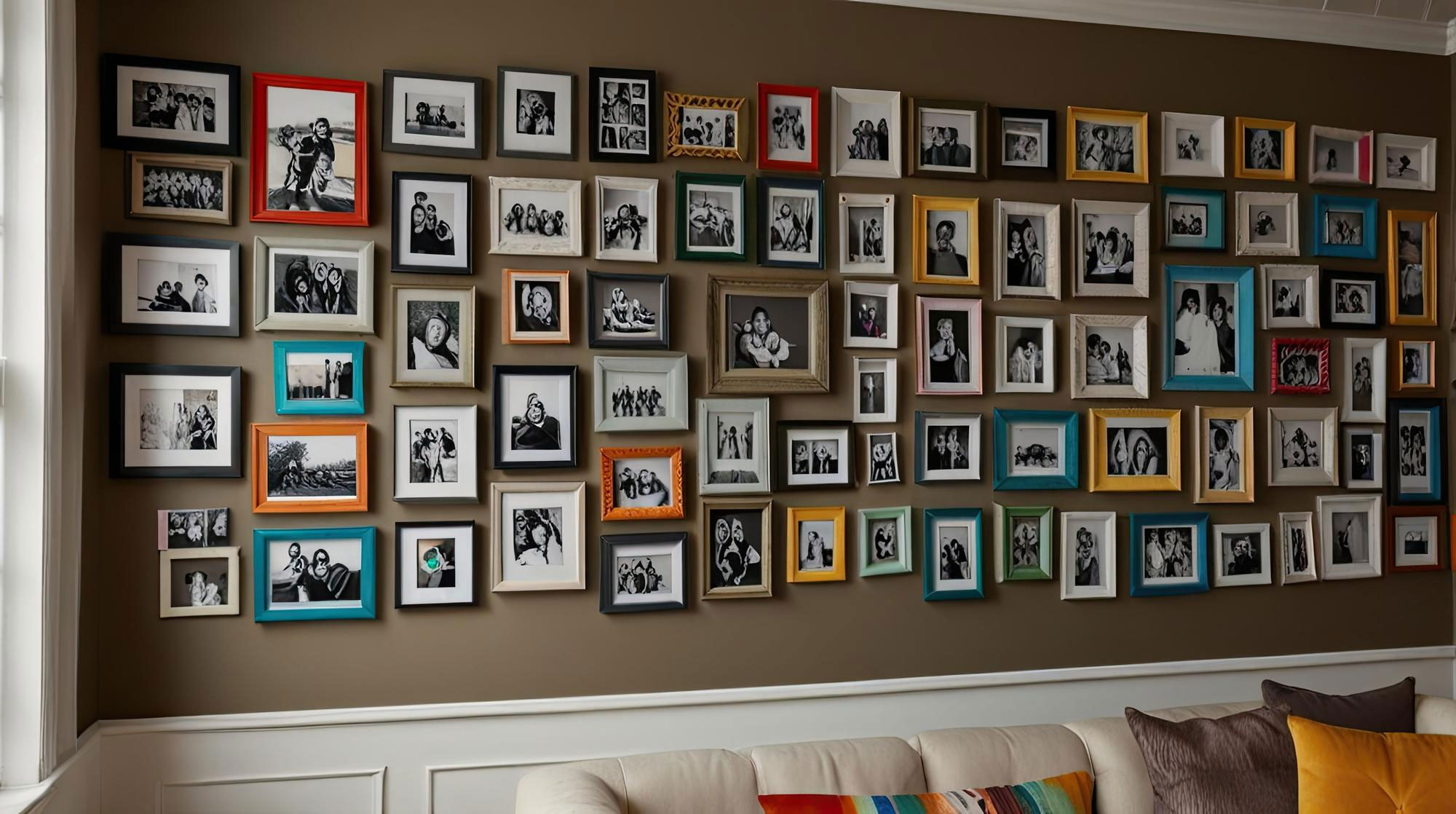 Wall covered with numerous family pictures in colorful frames, highlighting jealous wife and hubby's mom photo conflict.