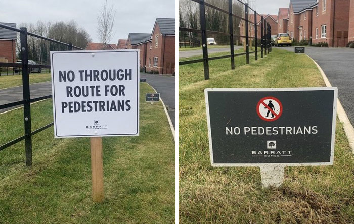 Conflicting pedestrian signs in a residential area highlight design and architecture nightmares lacking common sense.