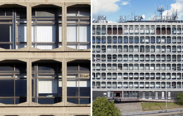 Close-up and wide views of a building facade showing design and architecture nightmares with repetitive window patterns.