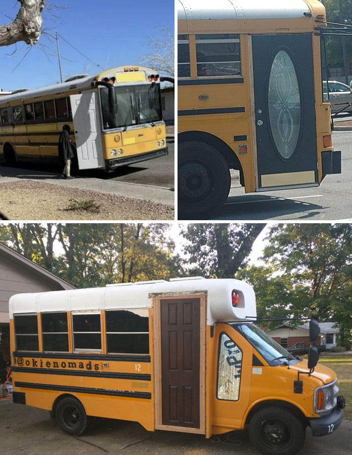 School buses with unconventional doors showing design and architecture nightmares that challenge common sense ideas.
