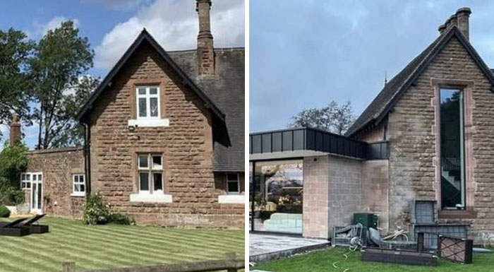 Stone houses with unusual windows and architectural features illustrating design and architecture nightmares.