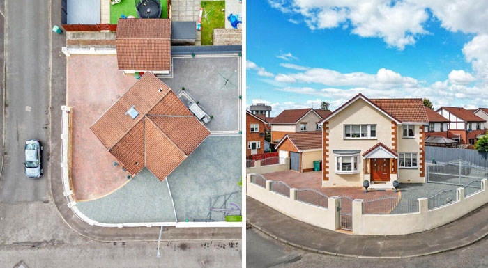 Aerial and street view of a house showing design and architecture nightmares with impractical driveway layout.