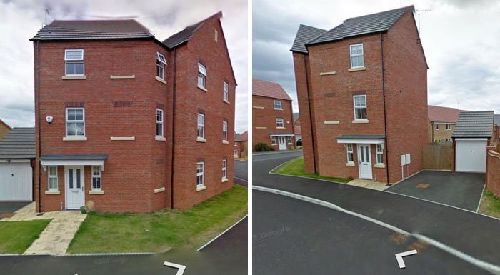 Two brick houses with poor architectural design, demonstrating design and architecture nightmares and lack of common sense.