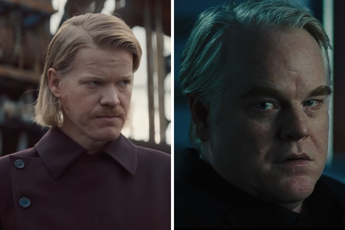 Side-by-side comparison of iconic Hunger Games characters and actors in new film, showing distinct looks and expressions.