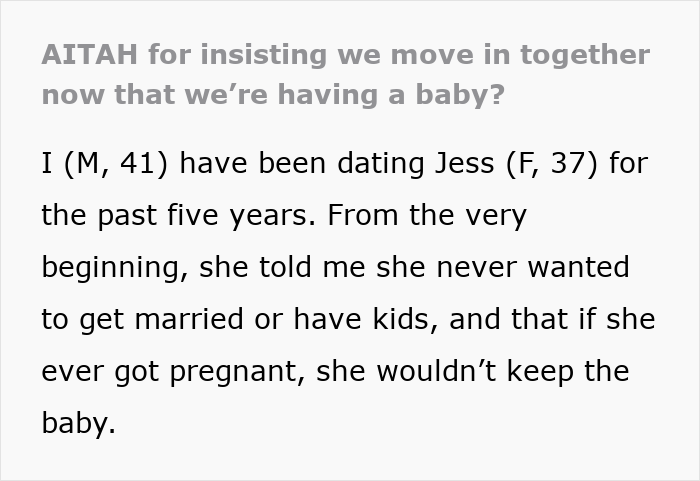 Text excerpt discussing a pregnant girlfriend refusing to move together despite relationship and baby plans.