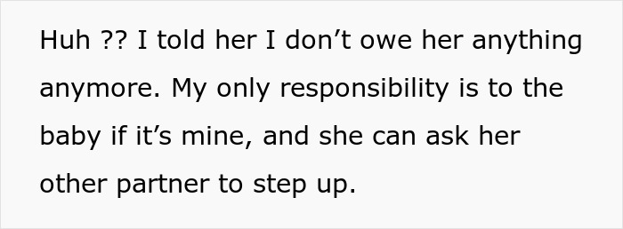 Text message discussing a pregnant girlfriend refusing to move together and responsibility for the baby if it&rsquo;s his.