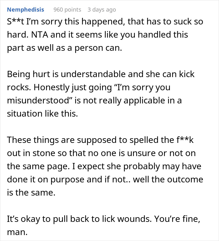 Commenter expressing sympathy and advice about a pregnant girlfriend refusing to move together, emphasizing clear communication.