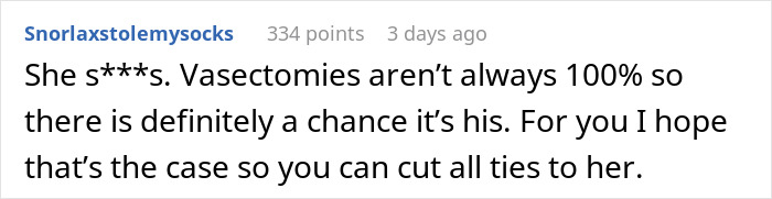 Screenshot of an online comment discussing vasectomy doubts related to pregnant GF refusing to move together.