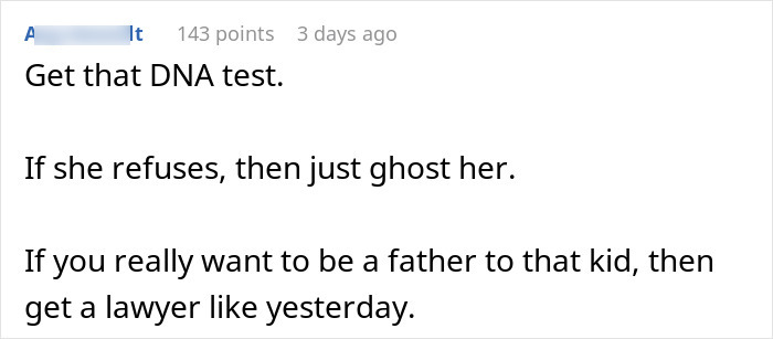 Comment discussing DNA test advice for a pregnant girlfriend refusing to move together and the importance of legal action.