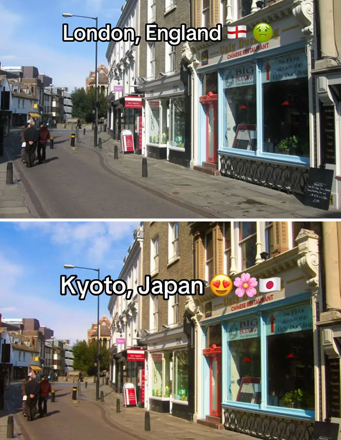 Comparison of a street scene labeled London and then labeled Kyoto Japan showcasing Japan making photos aesthetically pleasing.