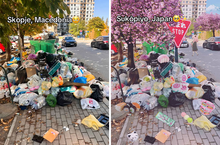 Side-by-side comparison of a messy street scene transformed into an aesthetically pleasing version by adding Japan elements.
