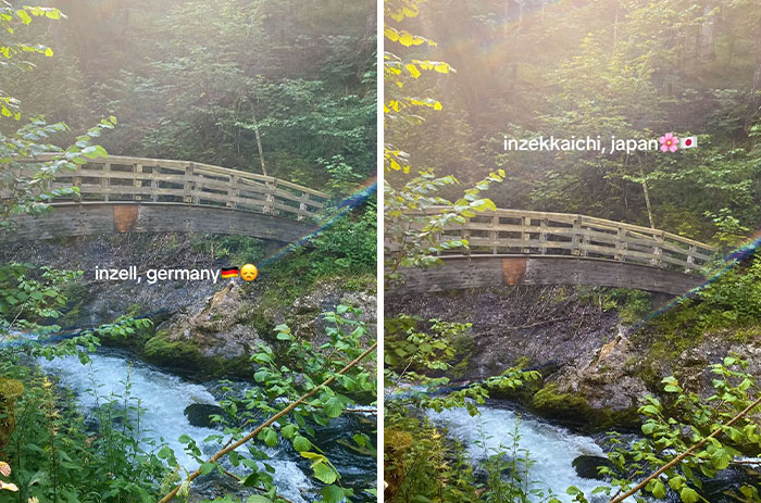 A serene wooden bridge over a flowing river surrounded by lush green forest, enhanced with Japan for aesthetic appeal.