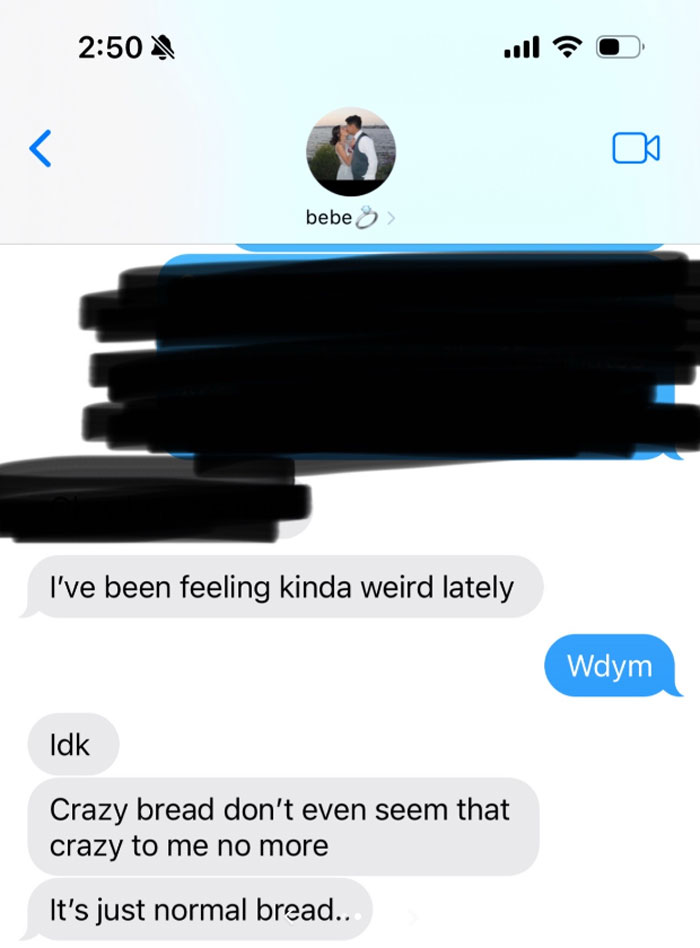 Screenshot of an unhinged text message from a parent describing how crazy bread no longer seems crazy, capturing hilarious parent texts.
