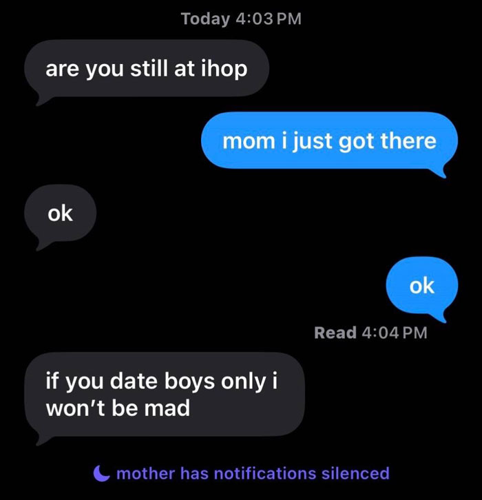 Text message exchange showing unhinged and hilarious texts from parents about dating and location.