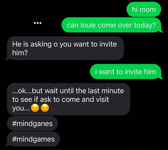 Text conversation showing unhinged text messages from parents as they awkwardly plan a visit with a friend.