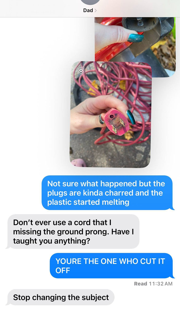 Text message exchange showing unhinged parents reacting to charred and melted electrical cord plugs.