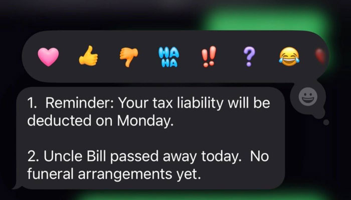 Unhinged text messages from parents showing awkward reminders and unexpected news in a dark chat interface.
