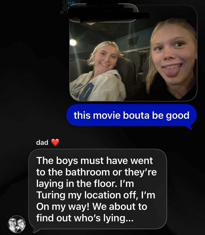 Screenshot of unhinged text messages from parents showing a dad’s confused and hilarious reaction to a movie outing.