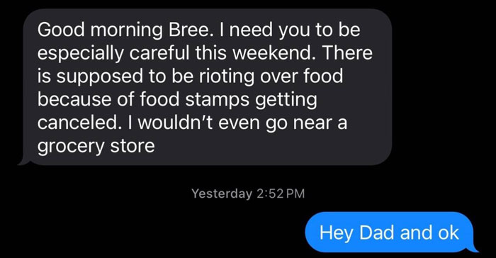 Text message from parent warning about riots over food stamps, showing how unhinged text messages from parents get and it's hilarious.