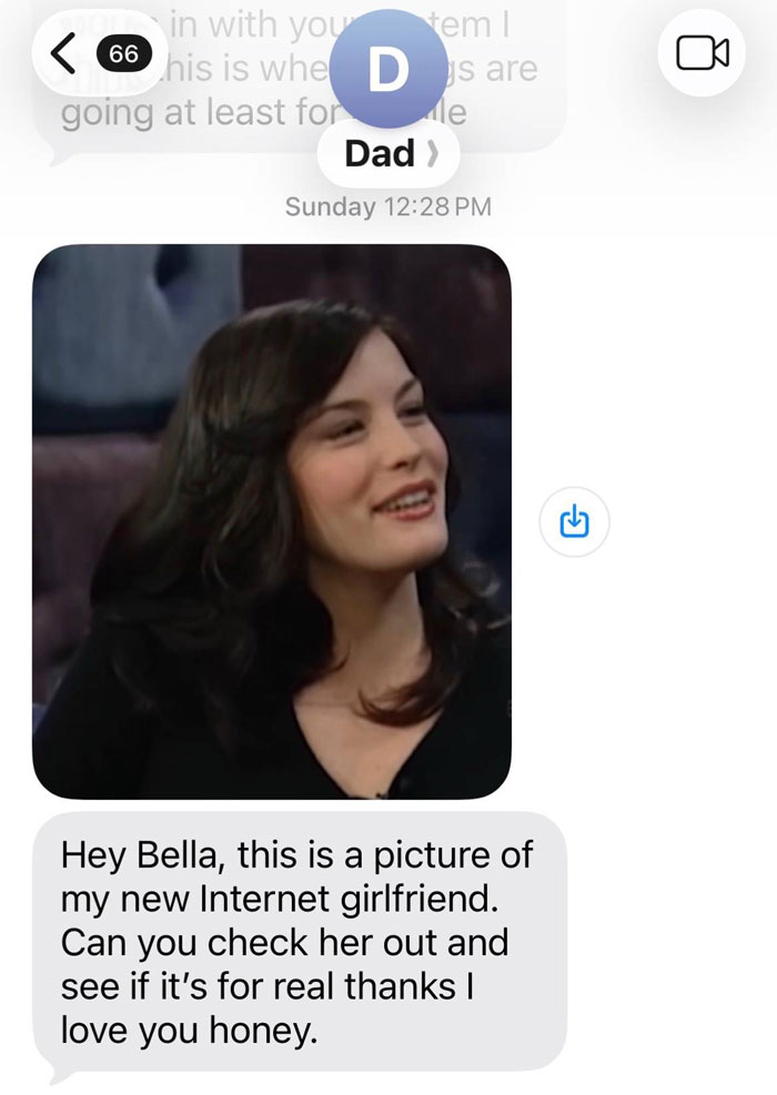 Text message from dad showing a funny unhinged text to daughter about his new internet girlfriend.