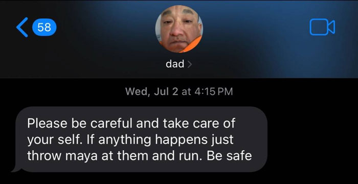 Screenshot of an unhinged text message from a parent giving unusual safety advice in a humorous trend.