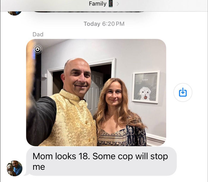 Text message from dad humorously shows how unhinged text messages from parents get with a selfie of a smiling couple.