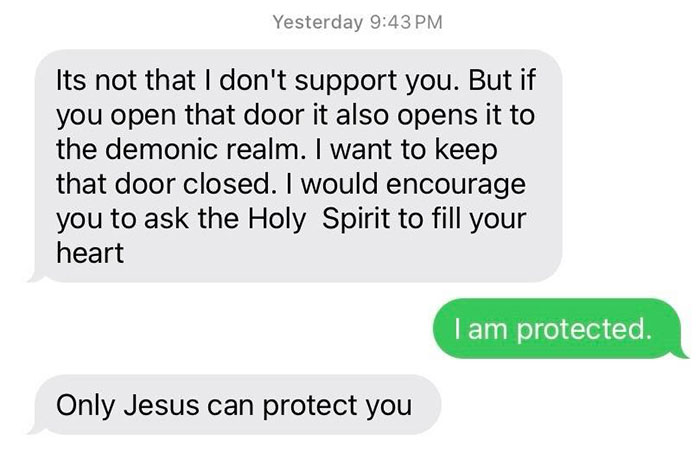 Text message exchange showing unhinged texts from parents warning about demonic realm and protection by Jesus.