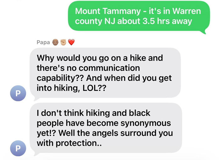 Text message conversation showing unhinged and humorous parental texts about hiking and safety concerns.