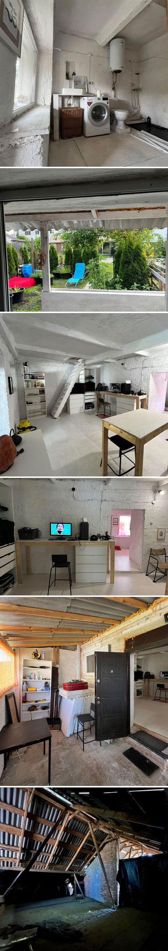 Espacios variados de una propiedad poco convencional con áreas de lavandería, jardín, oficina y ático en un listado inmobiliario entretenido.