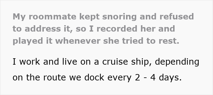 Woman can&rsquo;t sleep due to roommate&rsquo;s snoring, stays awake by playing recording to keep her alert.