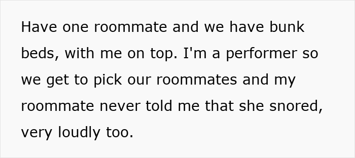 Woman can&rsquo;t sleep because of roommate&rsquo;s loud snoring, stays awake and struggles to rest in shared bunk beds.