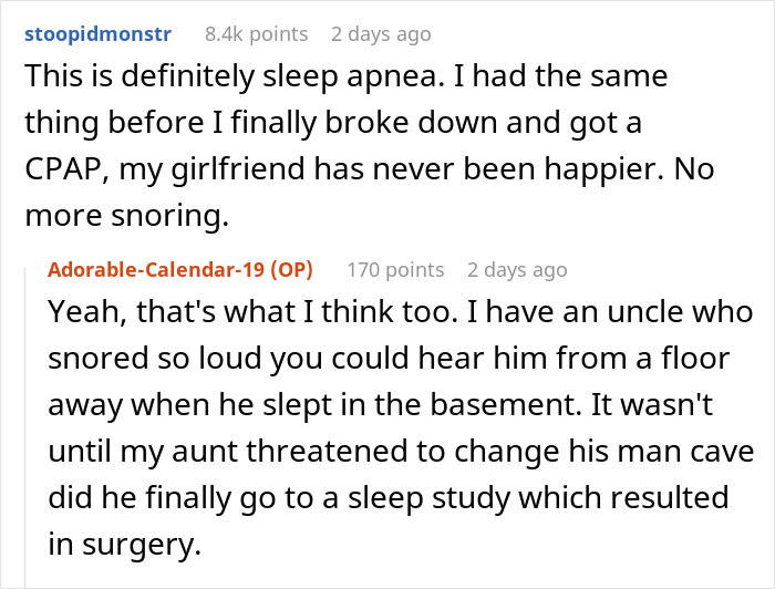 Reddit thread discussing woman kept awake by roommate&rsquo;s snoring and sleep apnea treatments like CPAP and surgery.
