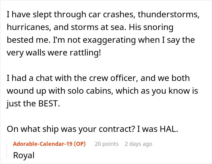 Text post showing a woman describing how her roommate&rsquo;s loud snoring keeps her awake despite sleeping through storms.