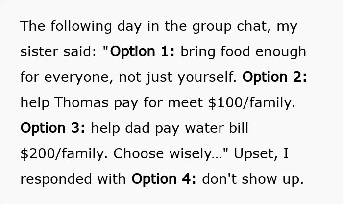 Group chat discussing refusing to bring expensive food for Thanksgiving and choosing who should pay bills or contribute.