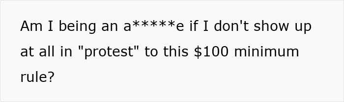 Text message about refusing to bring expensive food to Thanksgiving due to a $100 minimum rule in protest.