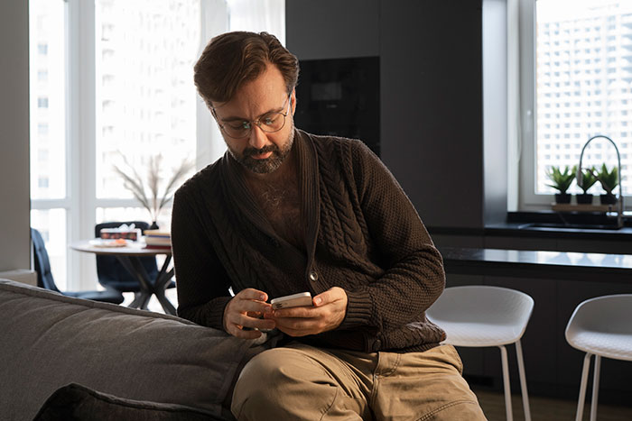 Man in glasses wearing a brown sweater sitting on a couch, looking at phone, reflecting on refusing to bring expensive food Thanksgiving.