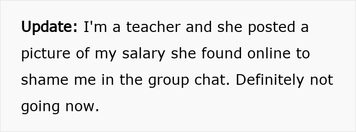 Update message about refusing to bring expensive food to Thanksgiving after salary was shamed in group chat.