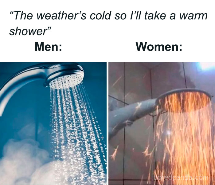Men and women contrasted taking warm showers, humorously depicted with water and sparks, relatable to makeup, fashion, and diva life memes.