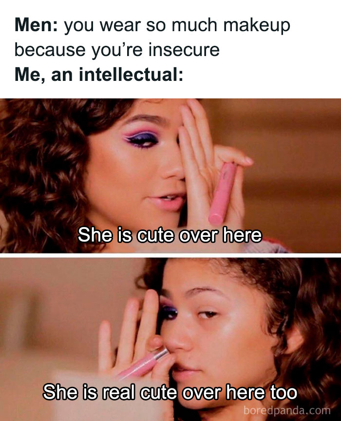 Woman humorously shows one side of her face with makeup and the other side natural, highlighting makeup and diva life memes.