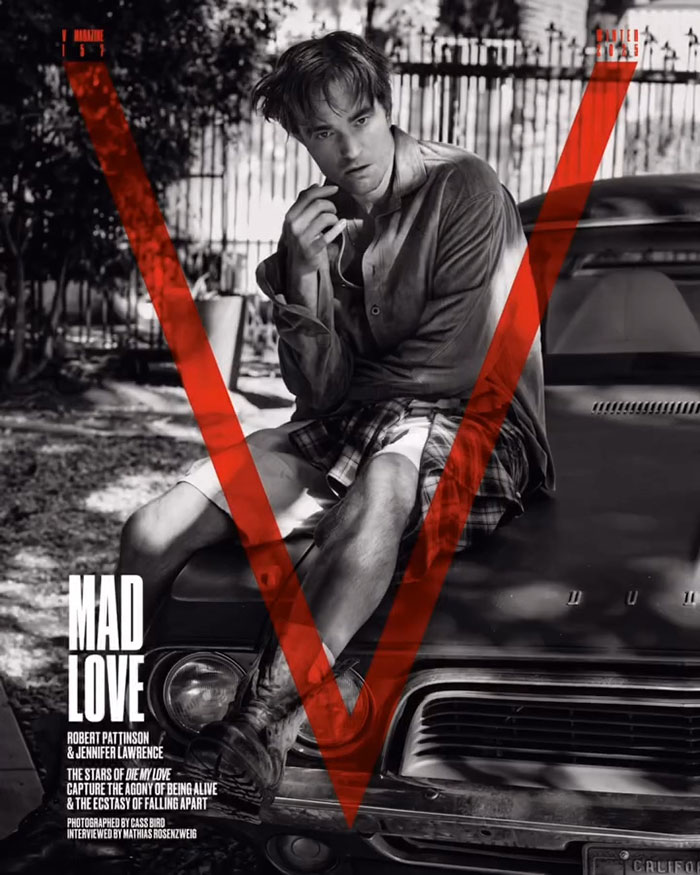 Robert Pattinson posing on a car hood in black and white photo capturing intimate and moody vibes of celebrity moments.