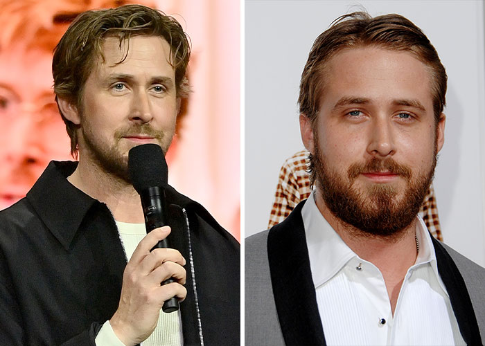 Actor Ryan Gosling speaking into a microphone and posing at an event, showcasing actors who pushed themselves for roles.