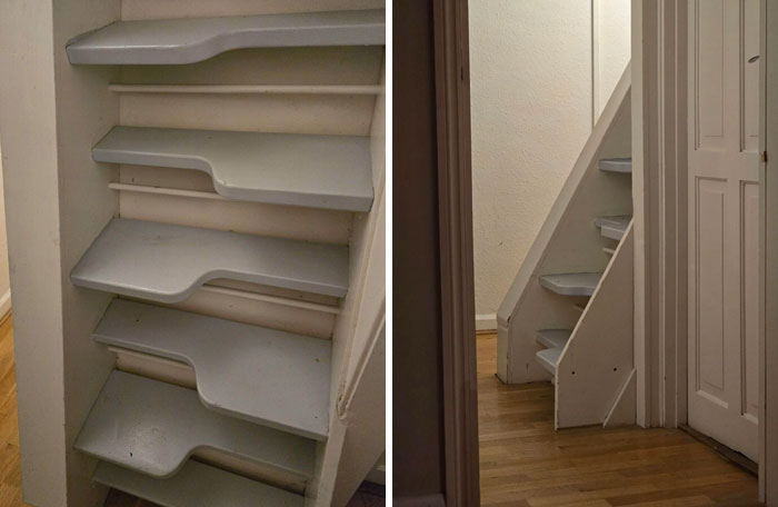 Narrow, steep Airbnb stairs with uneven steps posing safety risks and highlighting the need for insurance protection.